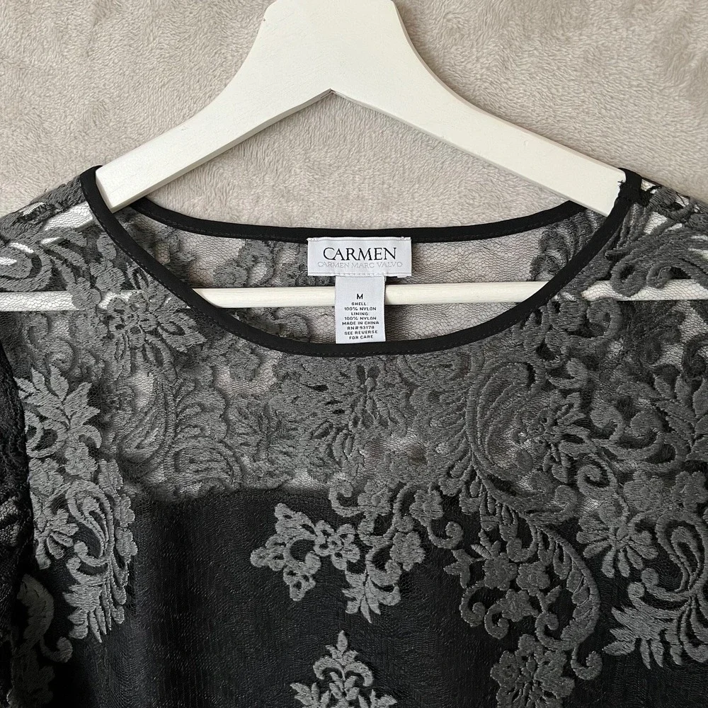 Carmen Marc Valvo Blouse Womens Medium Lace Overlay Half Bell Sleeve Goth Witchy - Picture 2 of 9